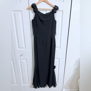 Vintage Scaravelli 100% Silk Black Evening Gown Size 8 Rosette Detail Chiffon